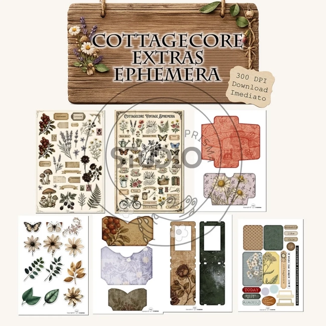 Kit Digital Cottagecore com Elementos Ephemera para Junk Journal e Scrapbook