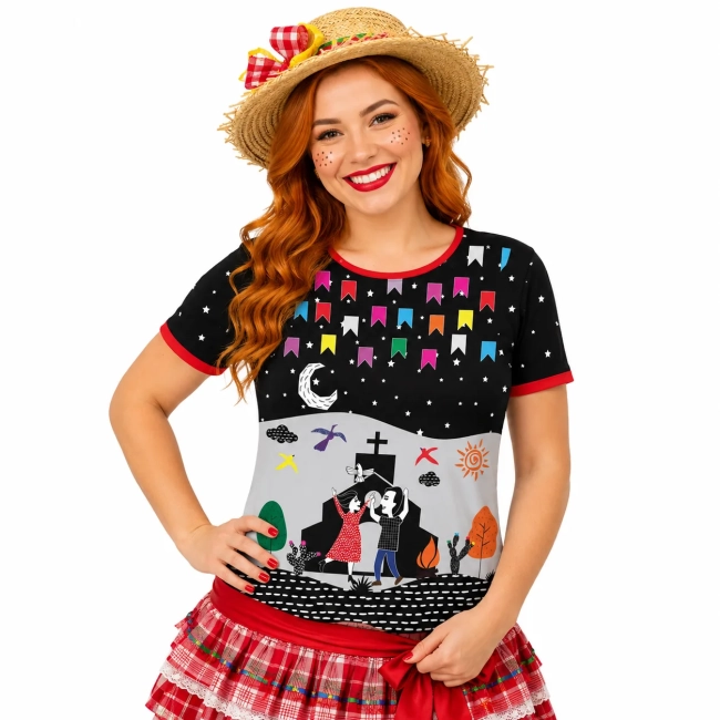 Blusa Adulto Fantasia Feminina Festa Junina Cordel - Blusa São João Dança e Fogueira Preta