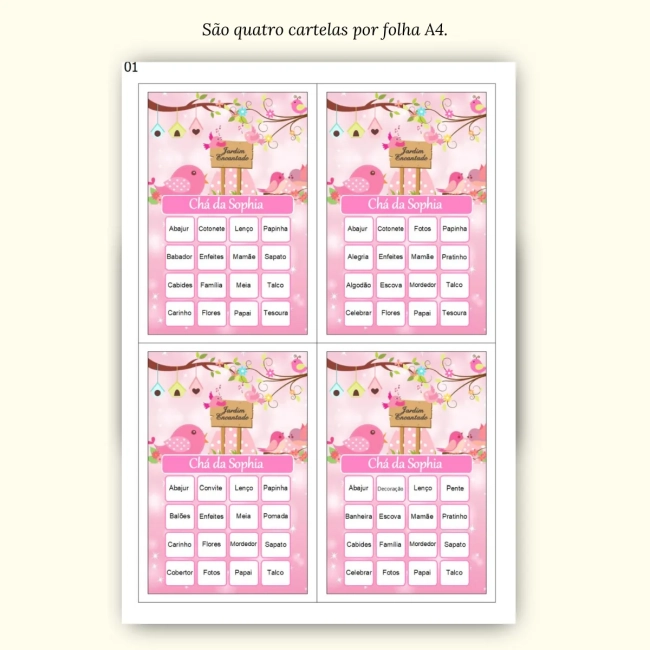 Bingo Chá de Bebê Menina Pdf Para Imprimir