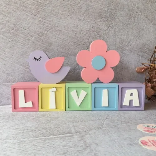 Passarinho e Flor Cubos 6x6cmts Decoração Bebê e Maternidade