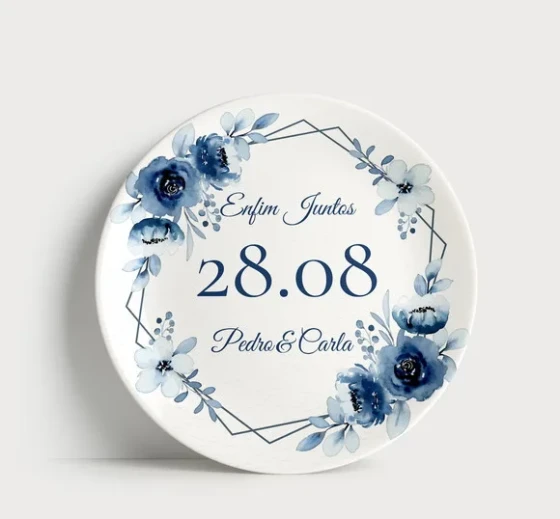 Prato Decorativo para Casamento: Enfim Juntos, Floral Azul