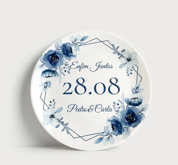 Prato Decorativo para Casamento: Enfim Juntos, Floral Azul