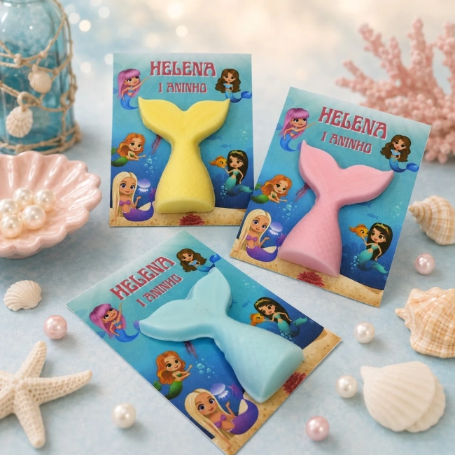 35 uni Lembrancinha Mini Sabonete Calda/ Rabo de Sereia Perfumado no Cartão Aniversário, Chá de Bebê, Batizado e etc.