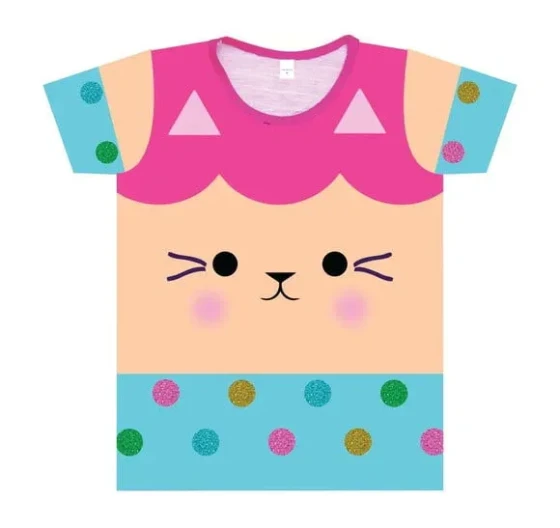 Camiseta Infantil Feminina Estampa Gatinho Colorido com Detalhes em Poás