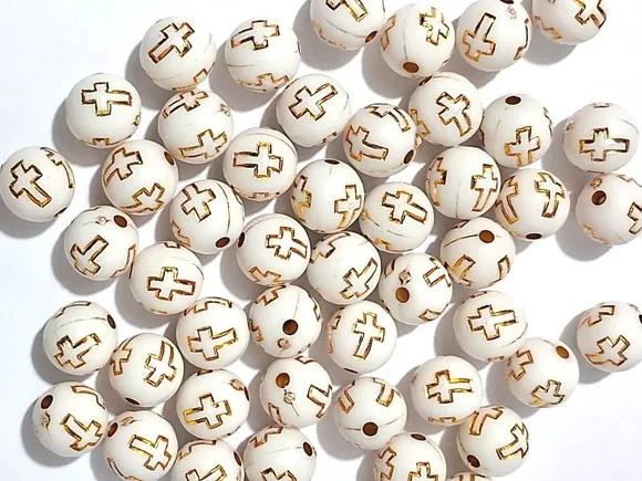 Bolinha Creme com Cruz Dourada 10mm 50 Unidades