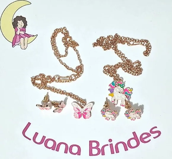 Kit Infantil Colar e Brinco Dourado Variados - 2 Kits