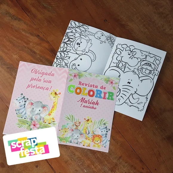 Revista Colorir + Giz de Cera Festa Safari Aquarela