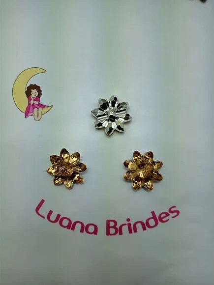 Botão Flor Fundo Prata Dourada de Acrilico 2,6cm 10 Unids