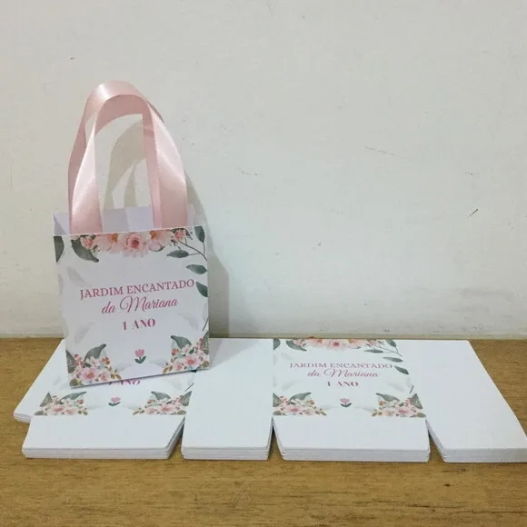 Sacolinha 10x7cm Personalizada Jardim Flores Rosa