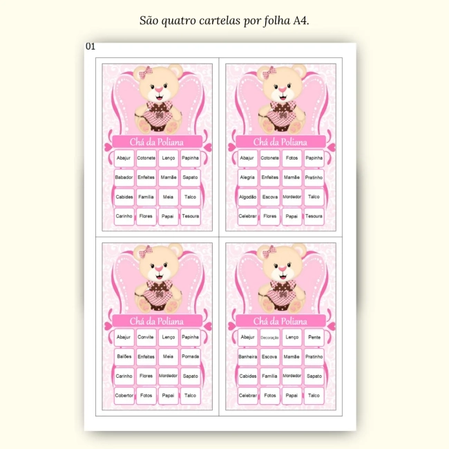 Bingo Chá de Bebê Menina Pdf Para Imprimir