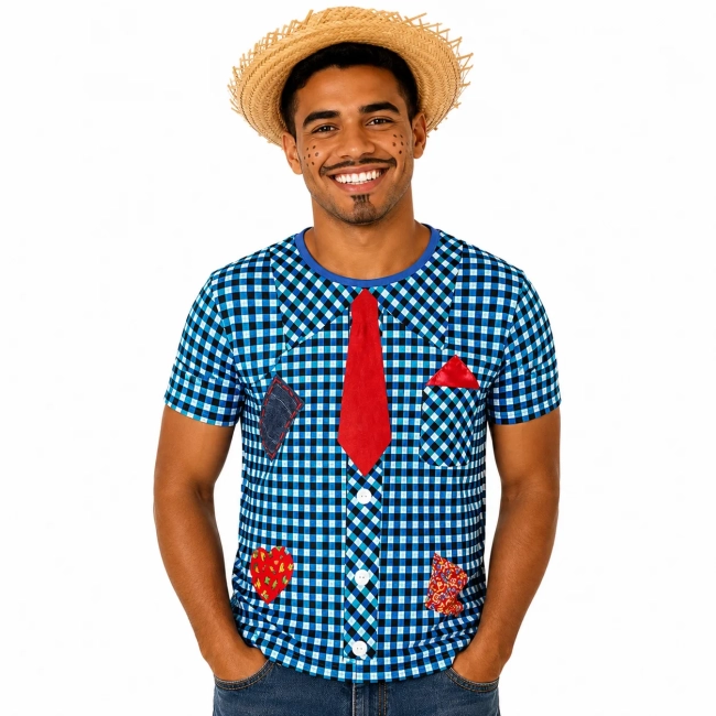 Camiseta Adulto Fantasia Festa Junina Camisa Xadrez Azul com Gravata e Remendos
