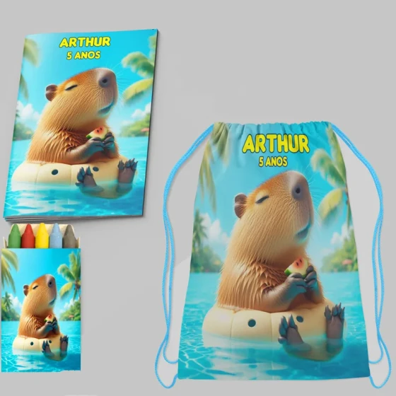 Kit Mochila e Revista de colorir para lembrancinha da Capivara