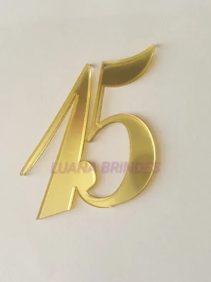 Aplique Número 15 Acrílico Espelhado Dourado 5cm Pct 4 Und