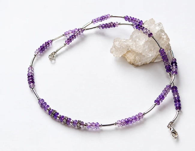 Choker Colar Ametista 3 mm Facetada Rondelle E Prata