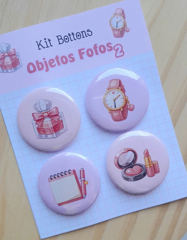 Cartela c/ 04 Bottons Tema Objetos Fofos 2