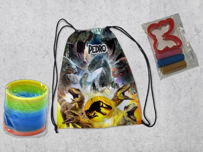 Kit Mochilinha + Mini Massinha de modelar e mola Maluca Dinossauro