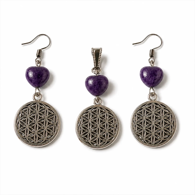 Conjunto Místico Brinco e Pingente Mandala Flor da Vida com Ametista Coração