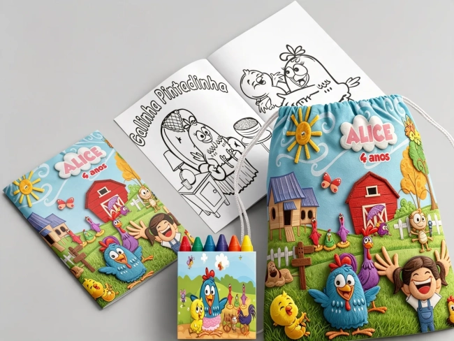 Kit Mochila e Revista de colorir para lembrancinha da Galinha Pintadinha