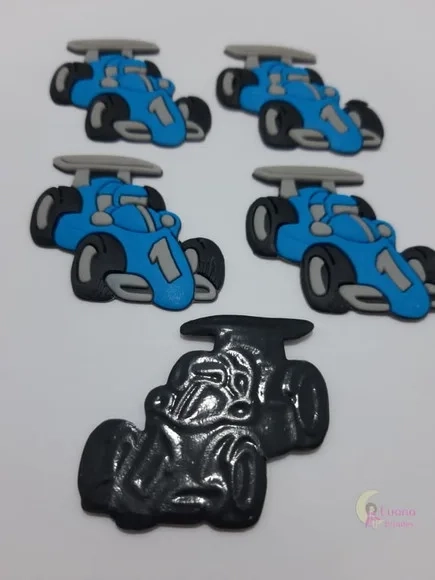 Aplique Carro de Corrida Azul de Borracha - Pct C/6 Unid