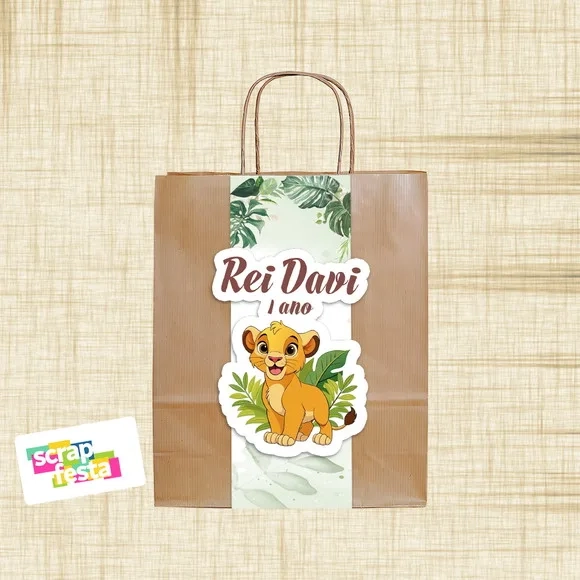 Sacolinha Papel Kraft Personalizada Festa Leão Safari