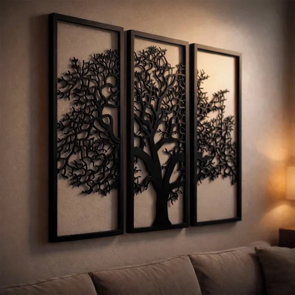 Trio Quadros Decorativos Vazados Árvore da Vida 3d Preto mdf