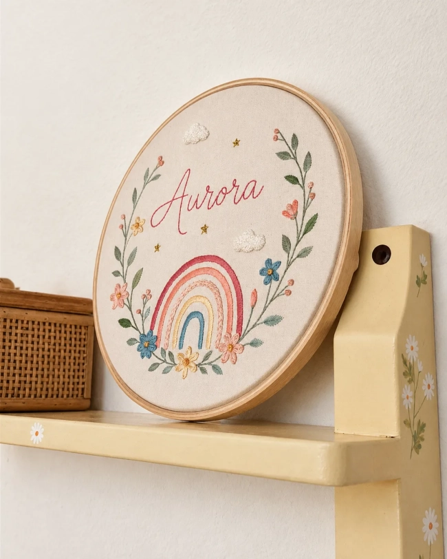 Porta Maternidade Arco-Íris com Nome | Bordado à Mão Personalizado
