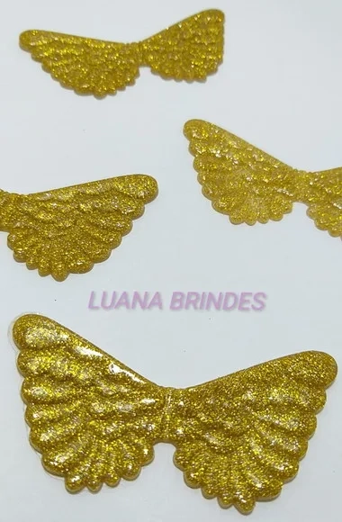 Aplique de Asas Dourado c/ Glitter Emborrachado-pct C/5 Unid