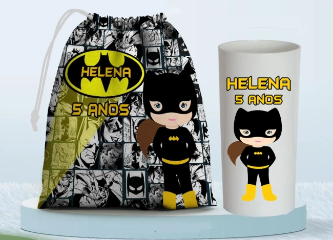 Kit Saquinho Surpresa e Copo Long Drink Personalizado Batgirl