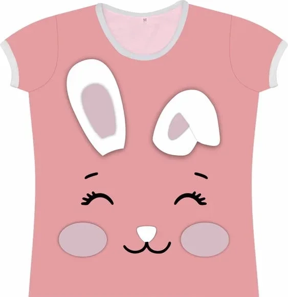 Camiseta Infantil Fantasia Coelhinha Rosa Rostinho Feliz com Orelhas