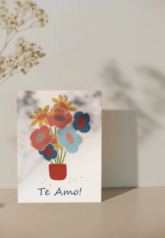 cartão comemorativo flores no vaso / te amo
