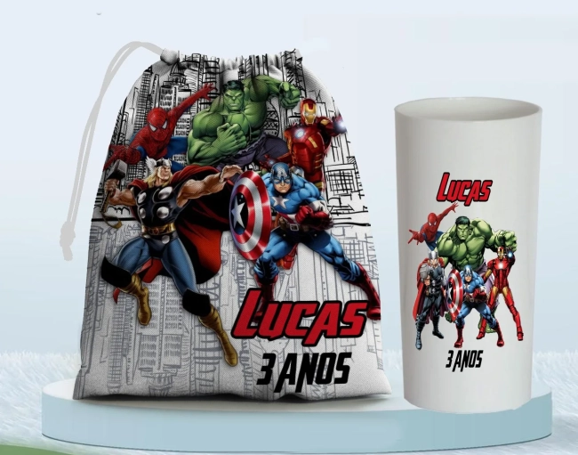 Kit Saquinho Surpresa e Copo Long Drink Personalizado dos Vingadores