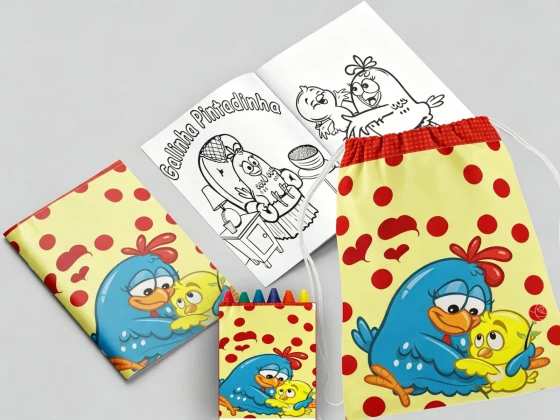 Kit Mochila e Revista de colorir para lembrancinha da Galinha Pintadinha
