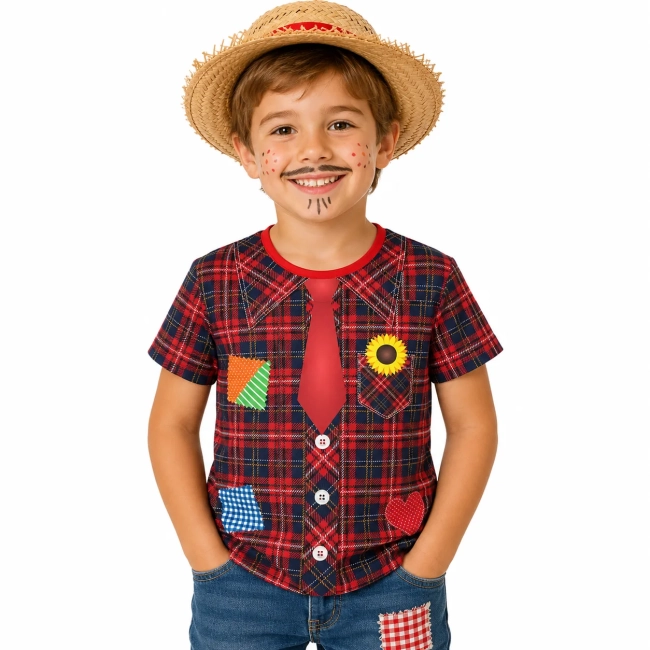 Camiseta infantil Caipira Vermelha Xadrez com Remendos – Festa Junina Menino