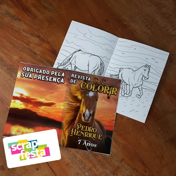 Revista Colorir+embalagem+canetinha Festa Cavalos
