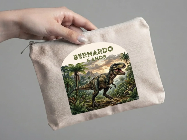 Lembrancinha Nécessaire Personalizada Algodão Cru 20x15 Estampa DTF Dinossauro