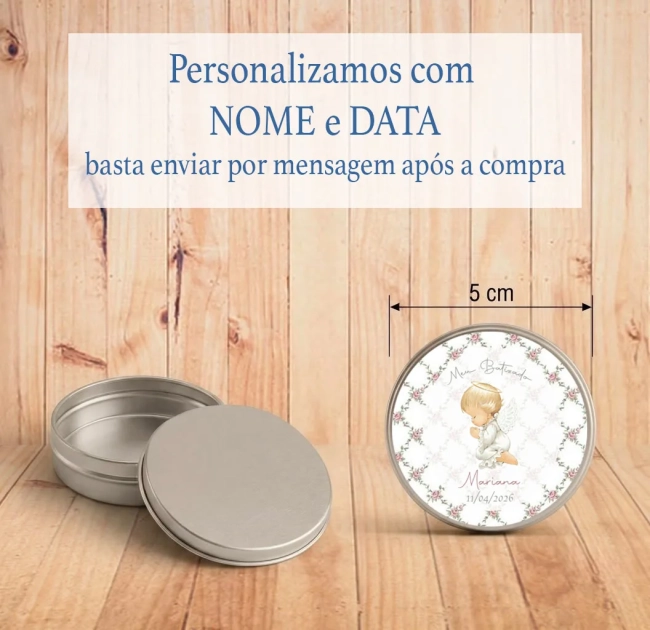 Latinha com mini terço lembrança batizado