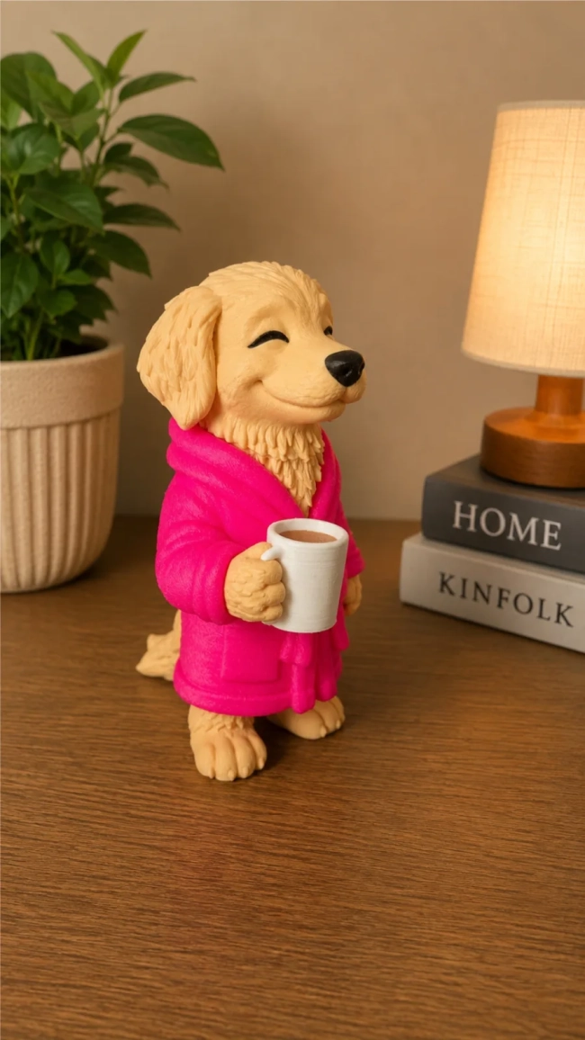 Cachorro Golden Tomando Café Decorativo em Impressão 3D