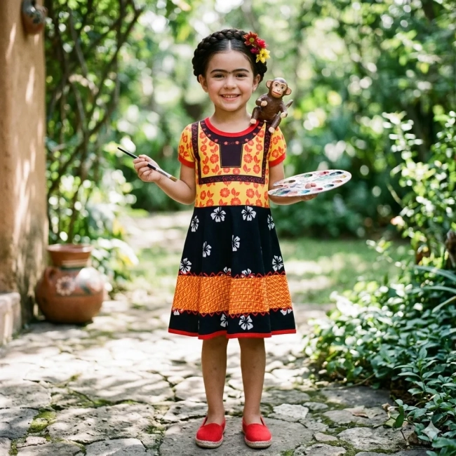Vestido Infantil Fantasia Pintora Mexicana Floral com Huipil Amarelo