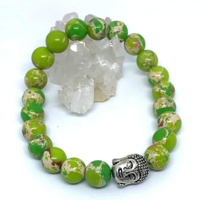 Pulseira em Pedras Jaspe Imperial Verde com entremeio Buda prateado
