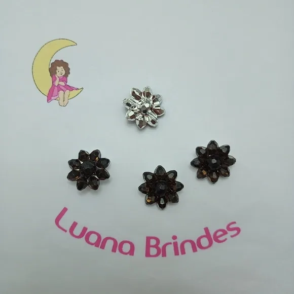 Botão Flor Fundo Prata Preto de Acrilico 2,2cm 14 Unids