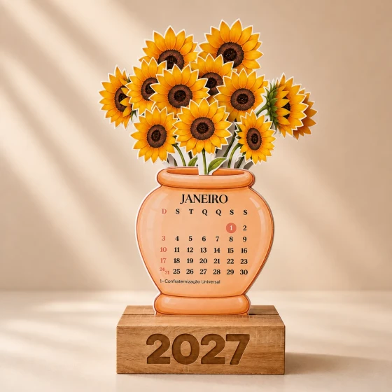 Calendário de Mesa 2027 Vaso de Flores Girassol