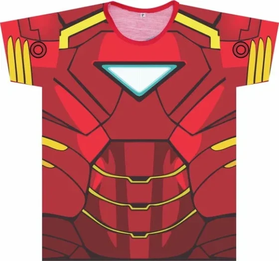 Camiseta infantil Fantasia Super-Herói Armadura Vermelha e Dourada Estampa Realista