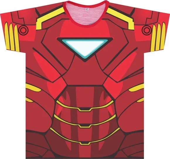 Camiseta infantil Fantasia Super-Herói Armadura Vermelha e Dourada Estampa Realista