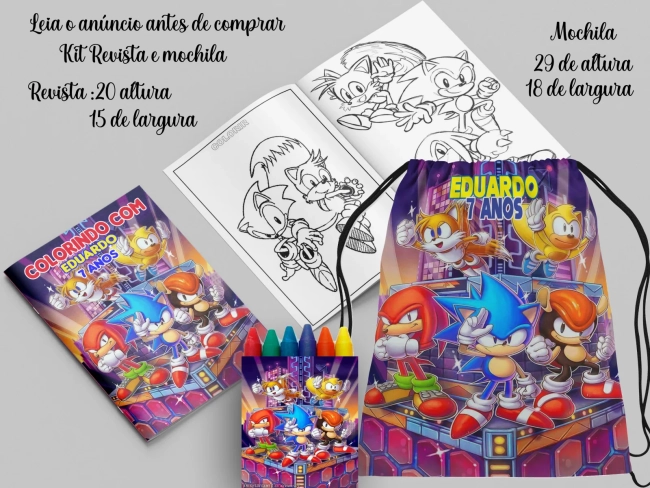 Kit Lembrancinhas Mochila e Revista personalizada do Sonic