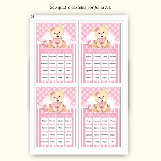 Bingo Chá de Bebê Menina Pdf Para Imprimir