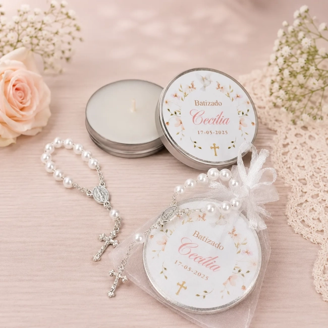 20 Unidades de Lembrancinha Batizado Vela Aromática na Latinha com Terço e Saco do Organza - Trabalhamos com qualquer tema - Informar o tema no chat