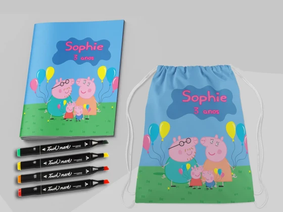 Kit Mochila e Revista de colorir com Canetinhas da Porquinha Rosa