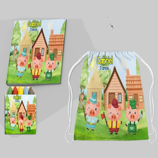 Kit Mochila e Revista de colorir para lembrancinhas dos 3 Porquinhos
