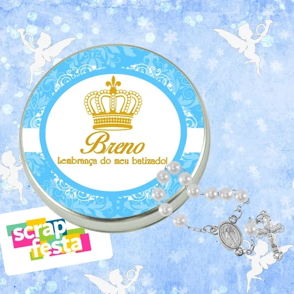 Latinhas Personalizadas Festa Batizado + Mini Terço Branco