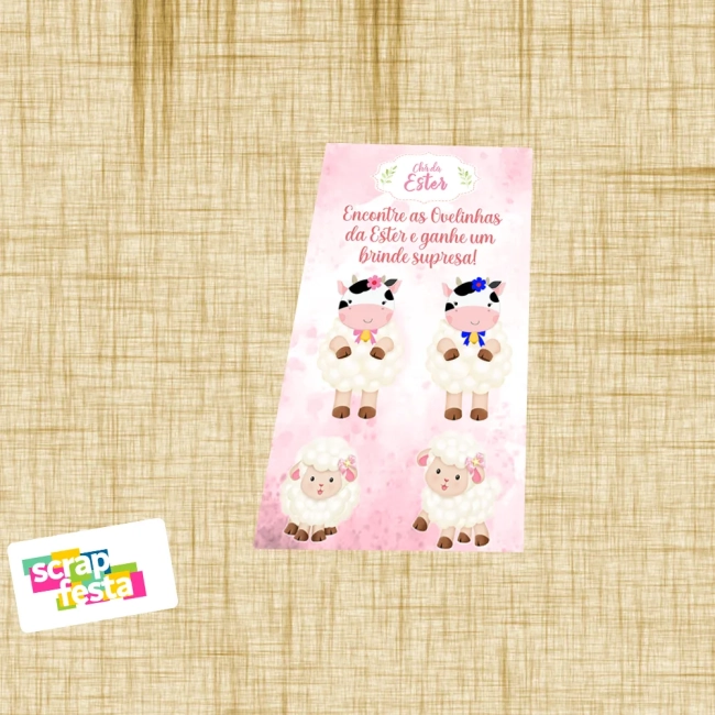 Cartão Raspadinha Brincadeira Festa Chá de Bebê Menina Ovelhinha Cute Aquarela